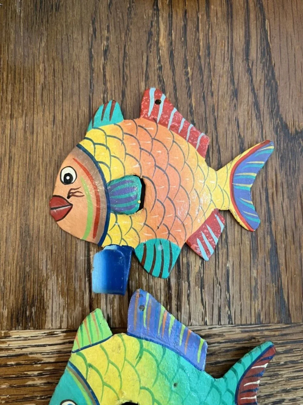 Vintage Folk Art Colorful Hand-Painted Metal Tropical Fish Wall Hooks Whimsical